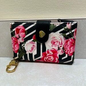 Betsey Johnson Black and White Floral Rose Bi-Fold Wallet with Key Ring